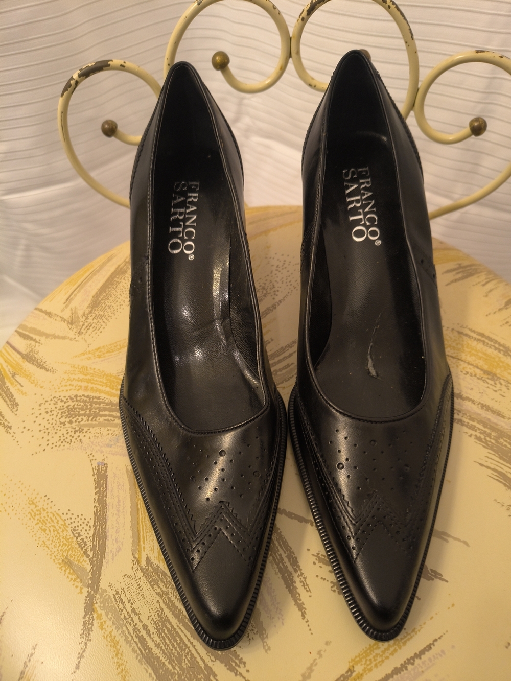Franco Sarto Black Pointed Leather Pumps with Perforation